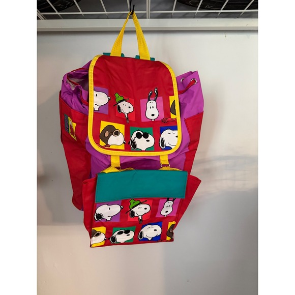 Vintage Peanuts Snoopy Colorblock Backpack Red Purple 90s Retro Rucksack Bag main image 5